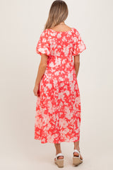 Coral Bubble Short Sleeve Maternity Maxi Dress W/ Side Pocket