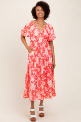 Coral Bubble Short Sleeve Maxi Dress W/ Side Pocket