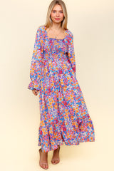 Lavender/Coral Smocking Fit And Flare Maternity Maxi With Side Pockets