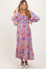 Lavender/Coral Smocking Fit And Flare Maternity Maxi With Side Pockets