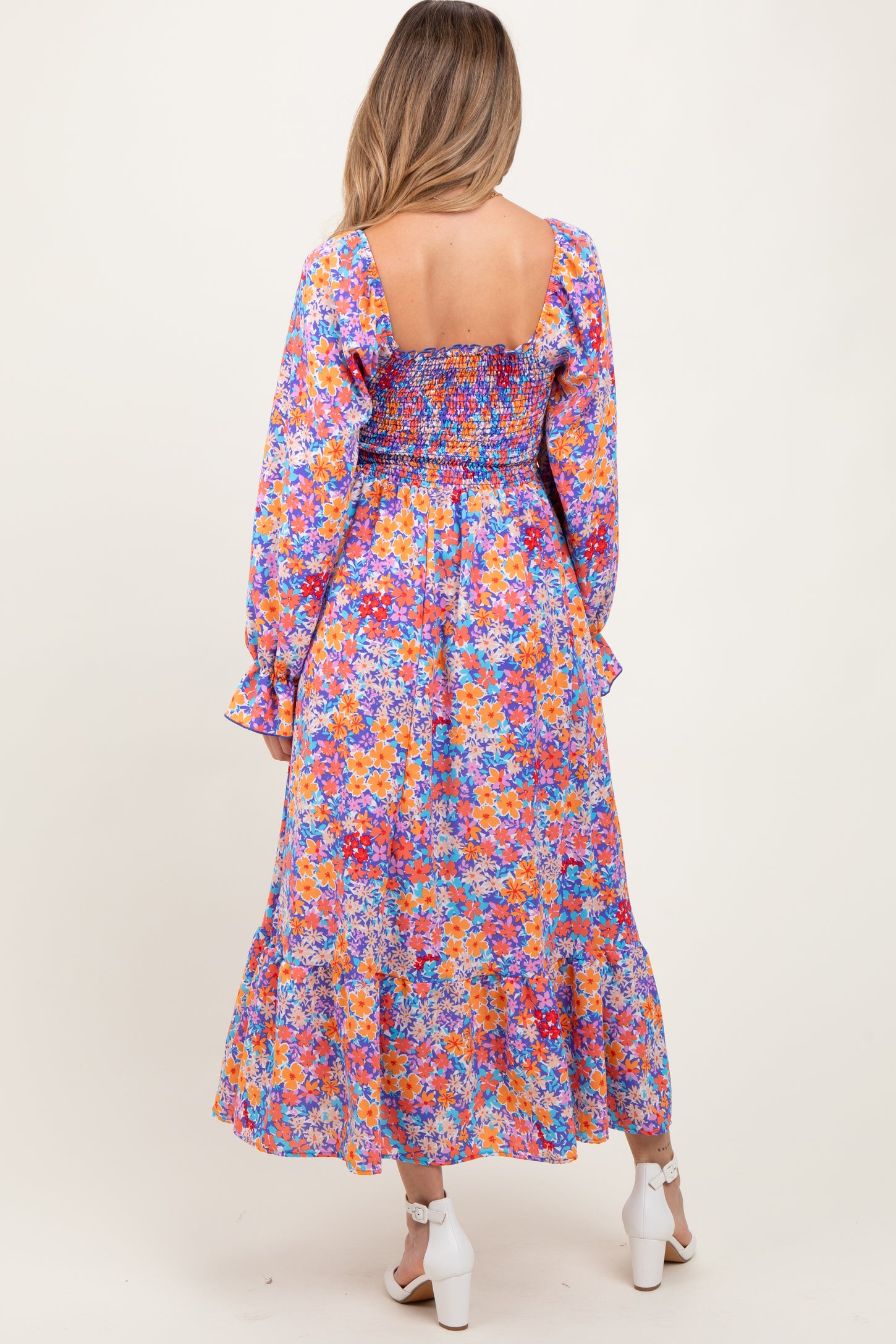 Lavender/Coral Smocking Fit And Flare Maternity Maxi With Side Pockets