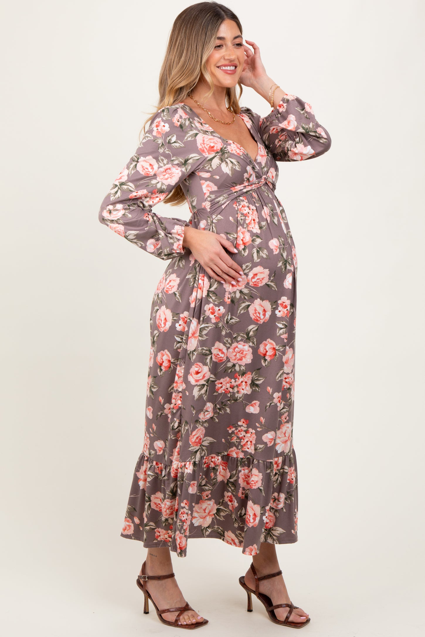 Mauve Blush Sweetheart Neckline Maternity Maxi With Side Pockets