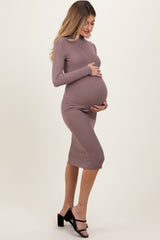 Mocha Ribbed Knit Mock Neck Long Sleeve Maternity Midi Dress