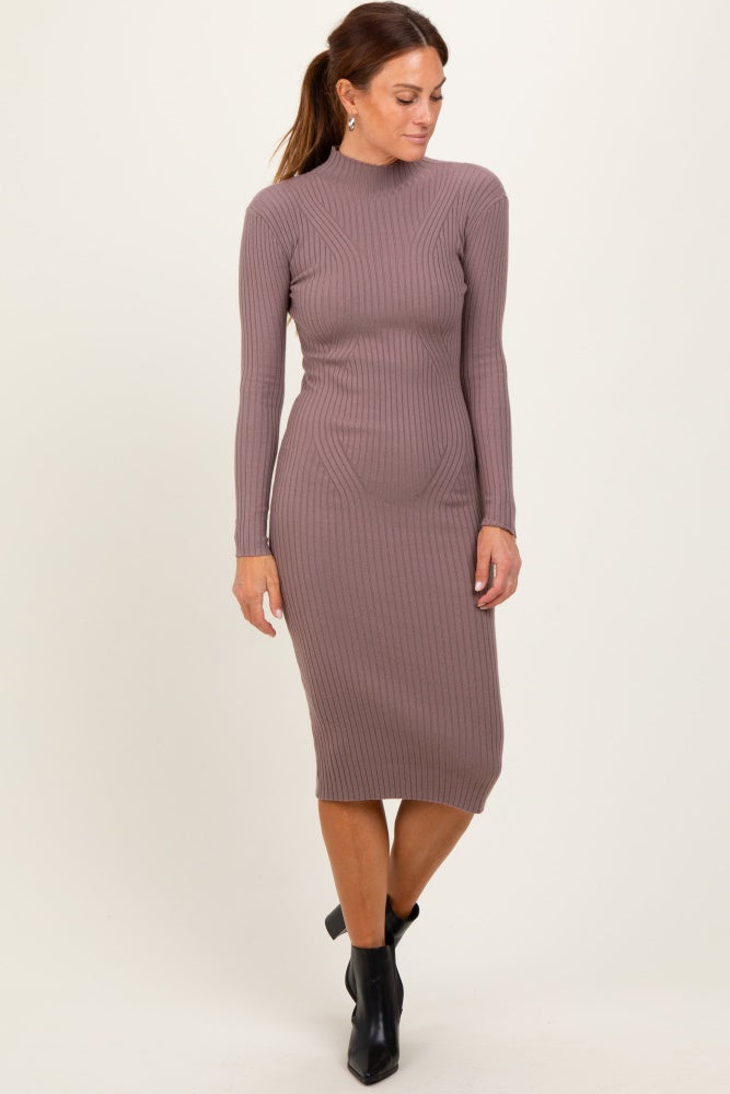 Mocha Ribbed Knit Mock Neck Long Sleeve Maternity Midi Dress