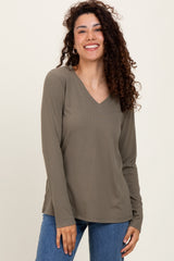Olive Ribbed Knit V-Neck Long Sleeve Top