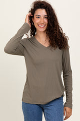 Olive Ribbed Knit V-Neck Long Sleeve Top