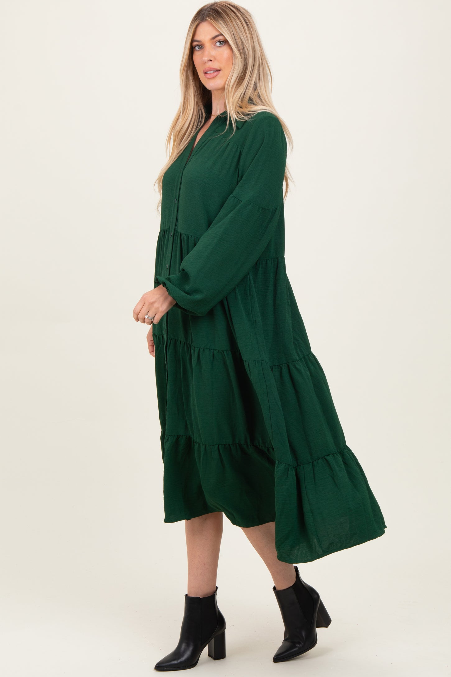 Forest Green Tiered Button Down Long Sleeve Maxi Dress