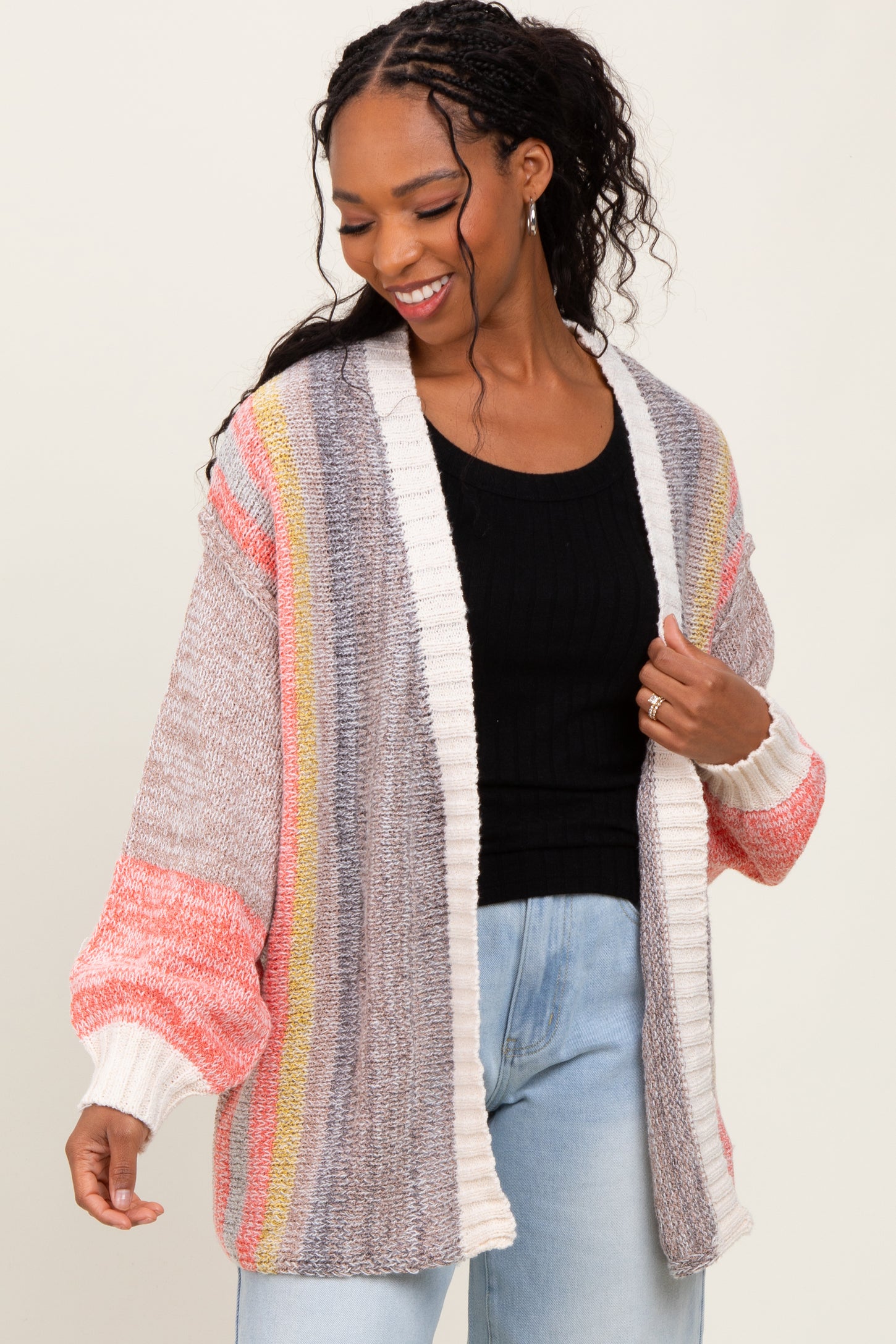 Charcoal Colorblock Stripe Knit Open Cardigan