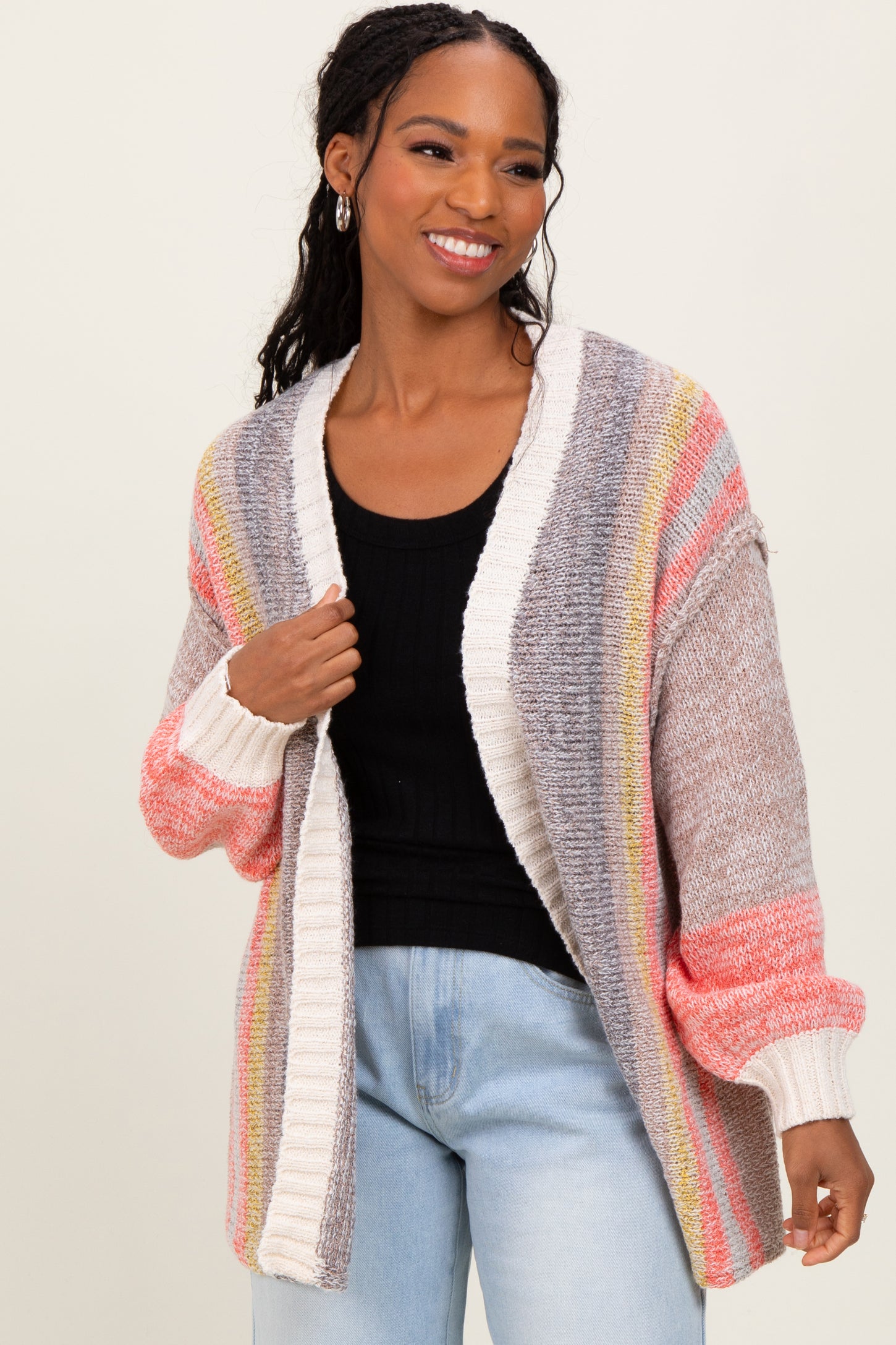 Charcoal Colorblock Stripe Knit Open Cardigan