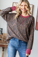 Brown Ribbed Animal Print Contrast Trim Maternity Pullover