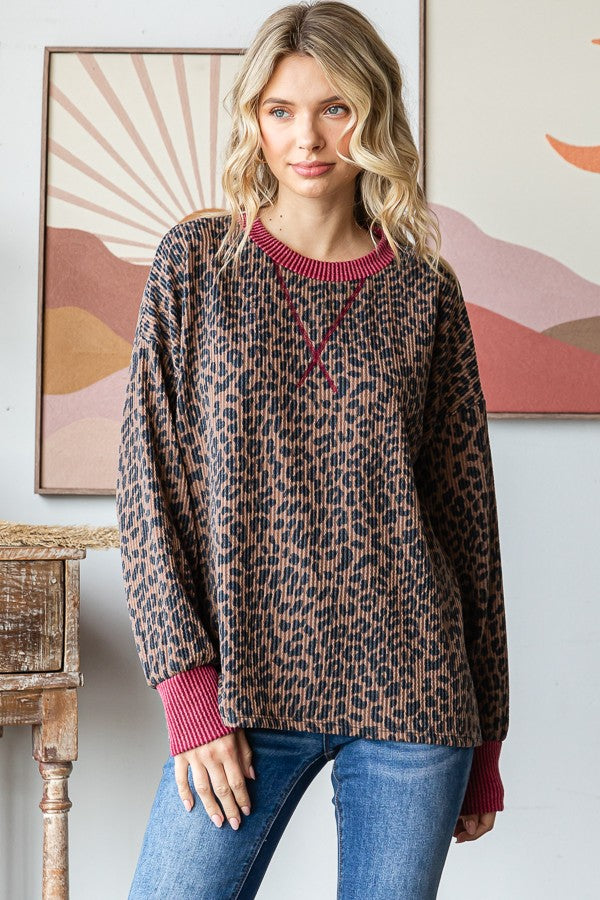 Brown Ribbed Animal Print Contrast Trim Pullover