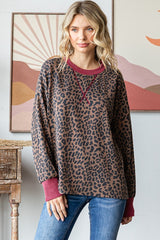 Brown Ribbed Animal Print Contrast Trim Pullover