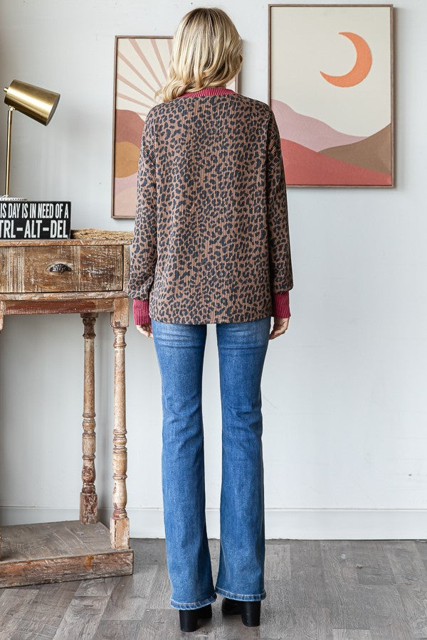 Brown Ribbed Animal Print Contrast Trim Pullover