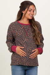 Brown Ribbed Animal Print Contrast Trim Maternity Pullover