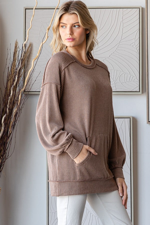 Mocha Ribbed Knit Front Pocket Pullover