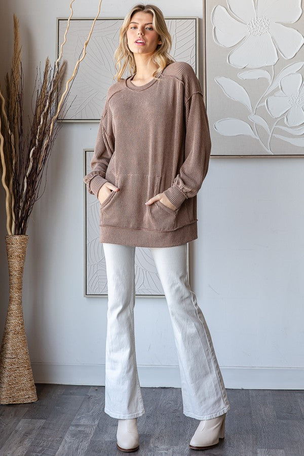 Mocha Ribbed Knit Front Pocket Pullover