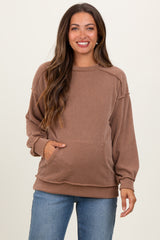 Mocha Ribbed Knit Front Pocket Maternity Pullover
