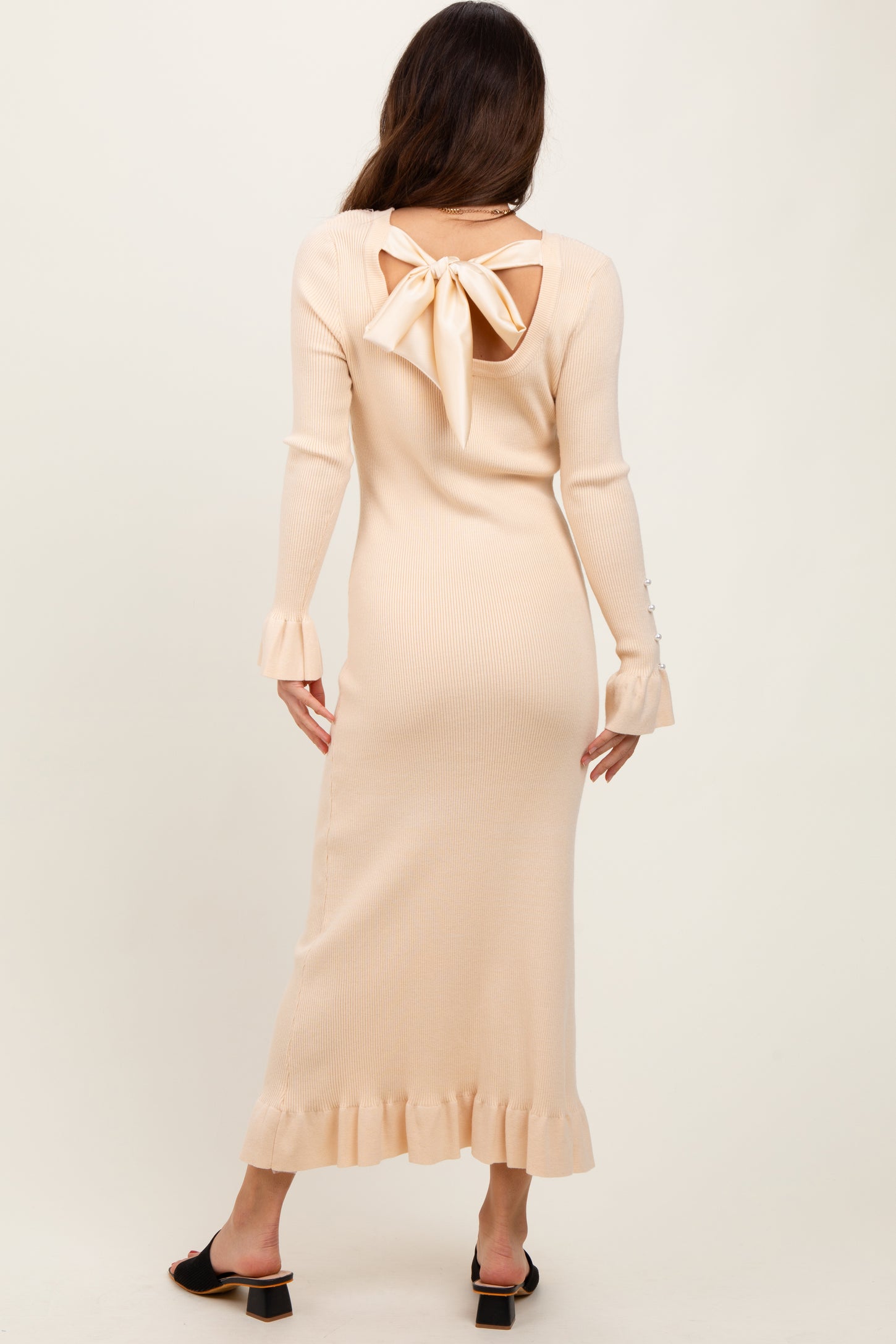 Light Yellow Ribbed Knit Bow Back Maxi Dress