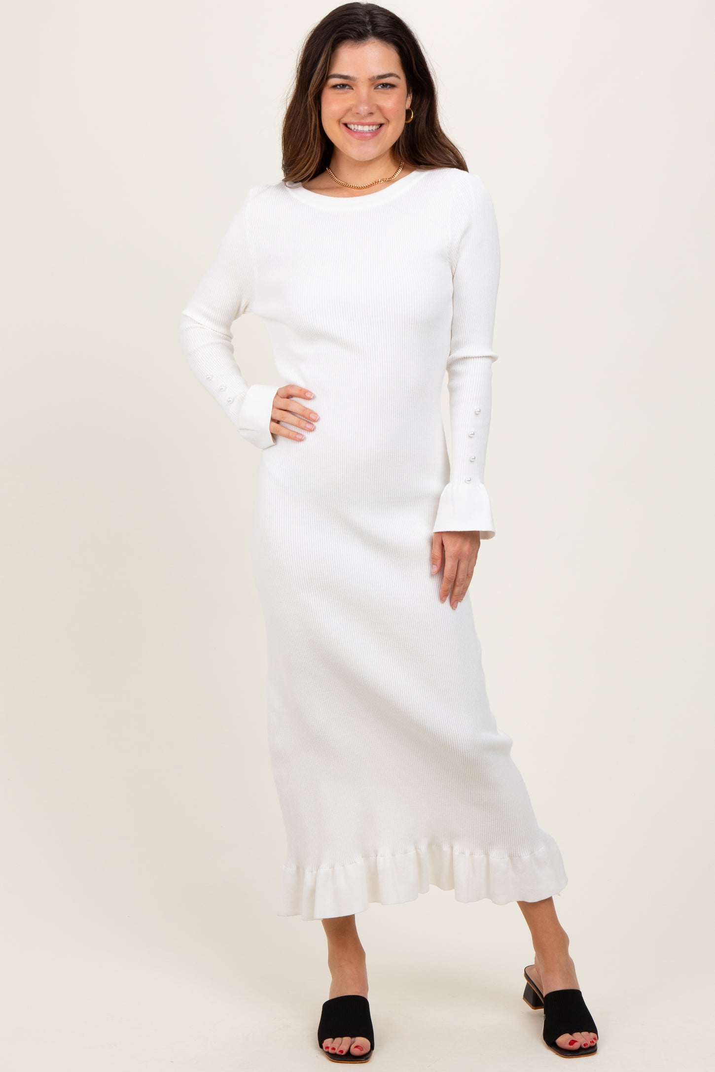 Ivory Ribbed Knit Bow Back Maxi Dress