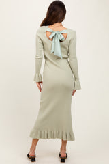 Light Olive Ribbed Knit Bow Back Maxi Dress