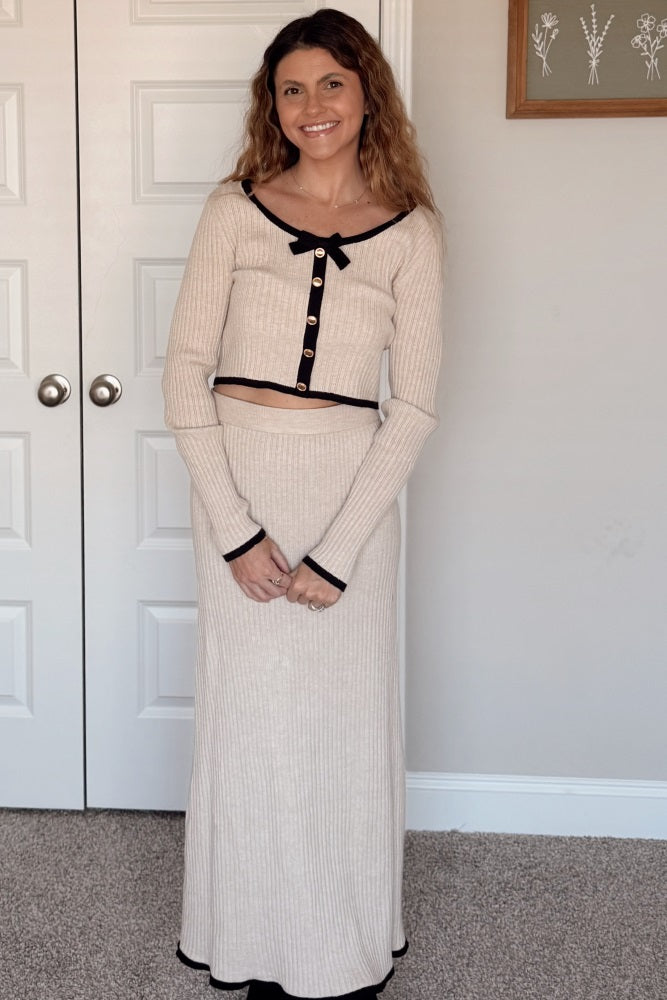 Cream Contrast Bow Ribbed Knit Crop Top And Midi Skirt Set