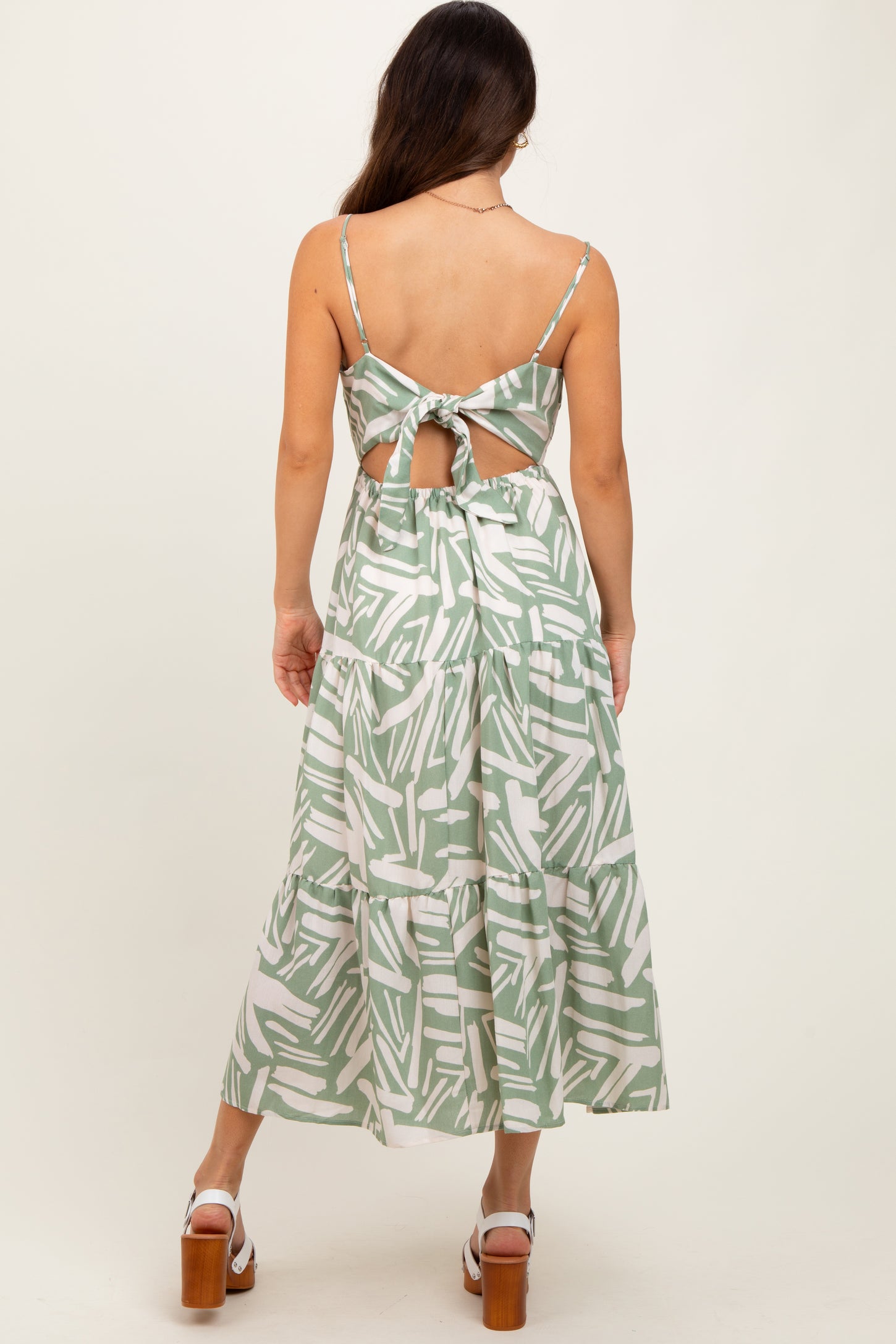 Light Olive Printed Cutout Tie Back Tiered Midi Dress