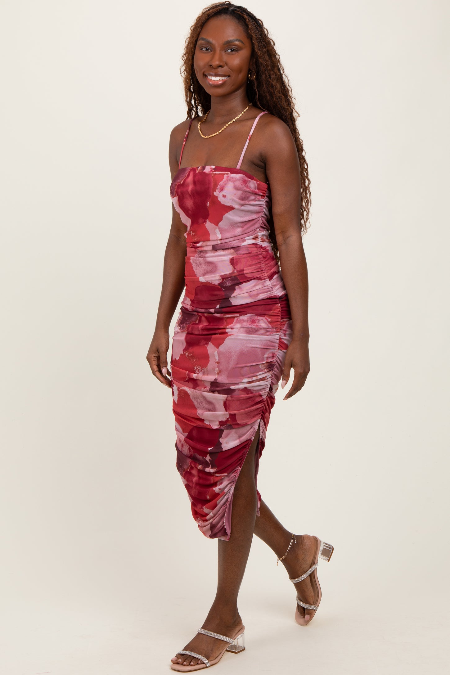 Pink Abstract Floral Ruched Side Slit Midi Dress
