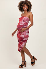Pink Abstract Floral Ruched Side Slit Maternity Midi Dress