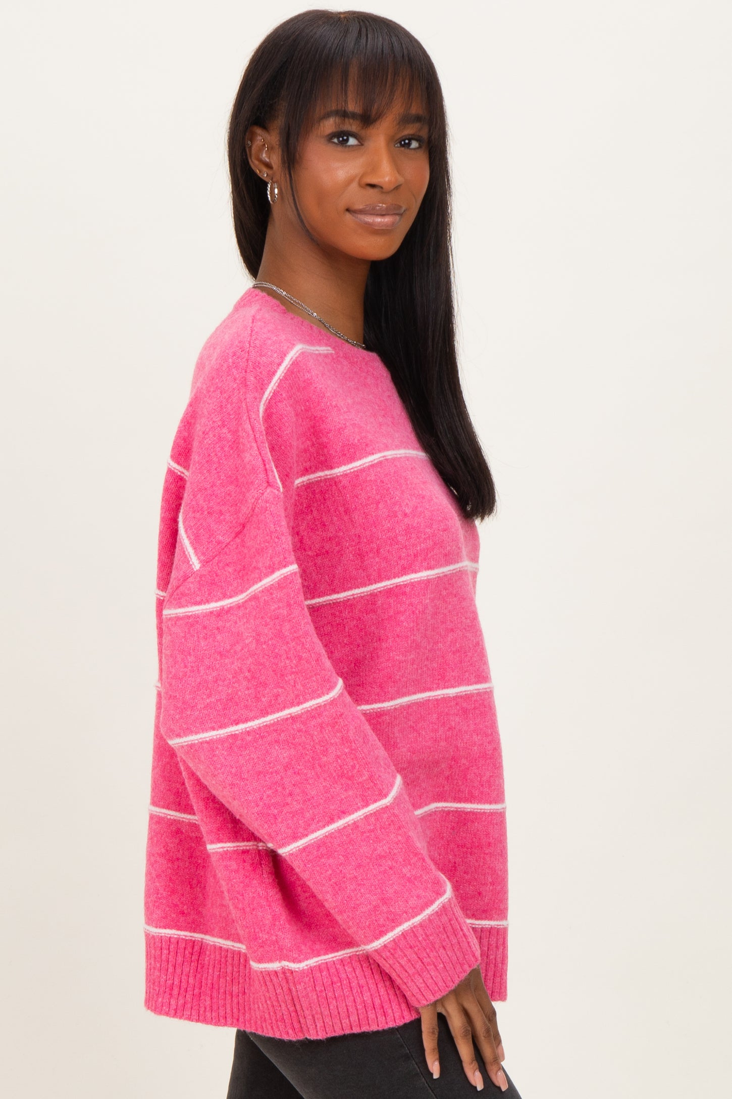 Pink Striped Drop Shoulder Sweater