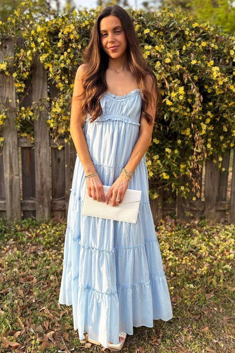 Light Blue Shirred Bust Ruffle Tiered Maxi Dress