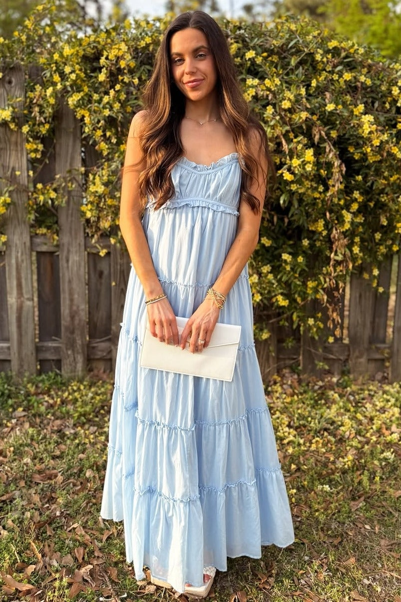 Light Blue Shirred Bust Ruffle Tiered Maxi Dress