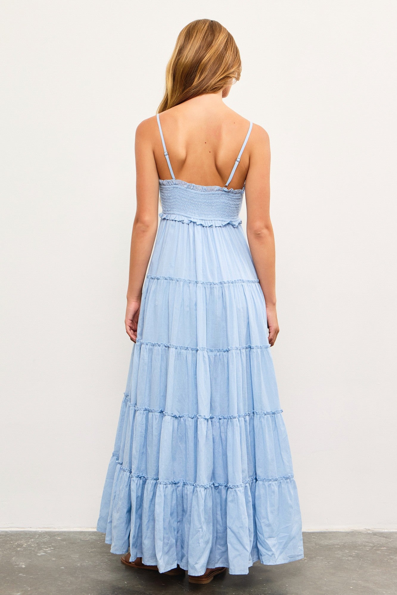 Light Blue Shirred Bust Ruffle Tiered Maxi Dress