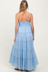 Light Blue Shirred Bust Ruffle Tiered Maternity Maxi Dress
