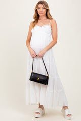 White Shirred Bust Ruffle Tiered Maternity Maxi Dress
