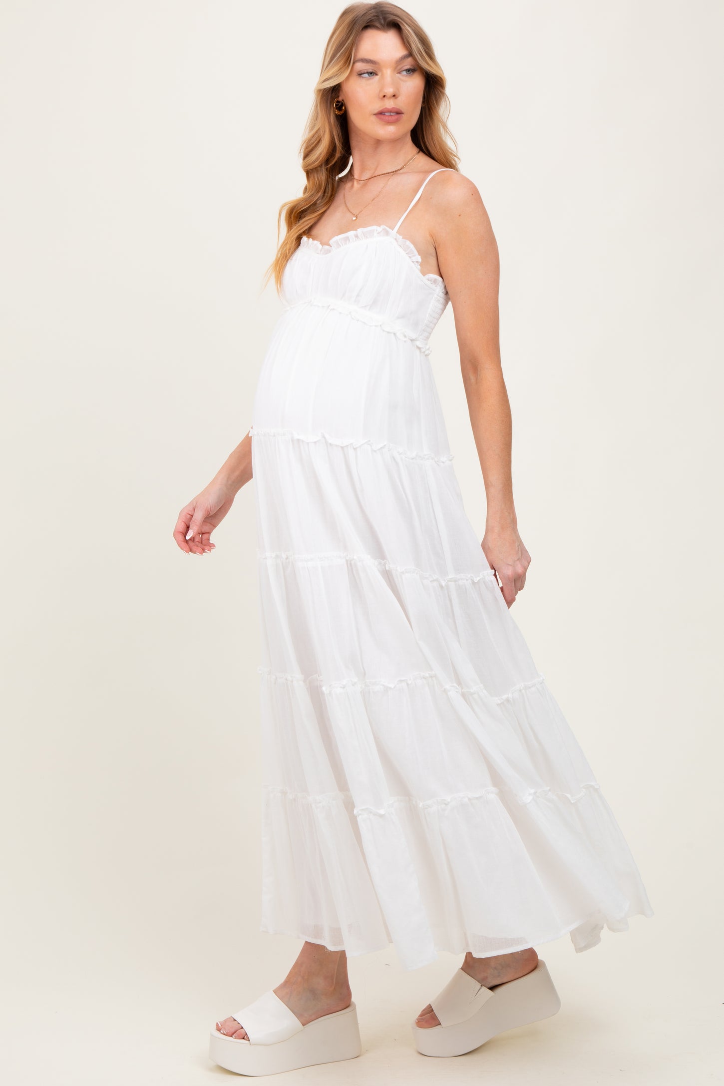White Shirred Bust Ruffle Tiered Maternity Maxi Dress