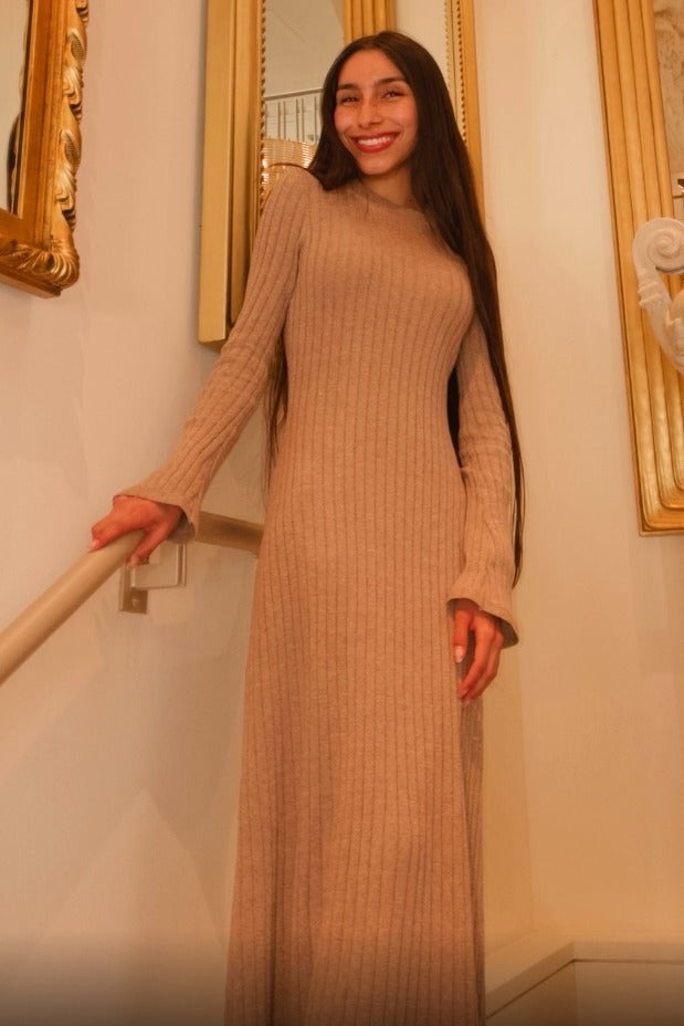 Light Mocha Ribbed Knit Midi Sweater Dress
