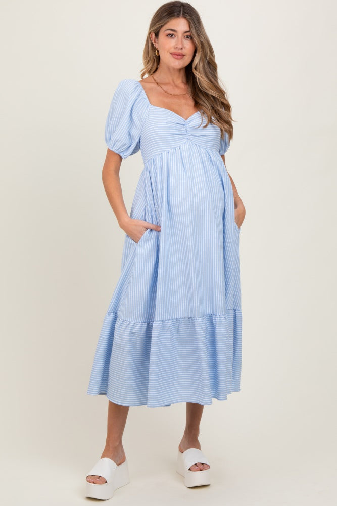 Light Blue Sweetheart Stripe Smocked Back Maternity Midi Dress