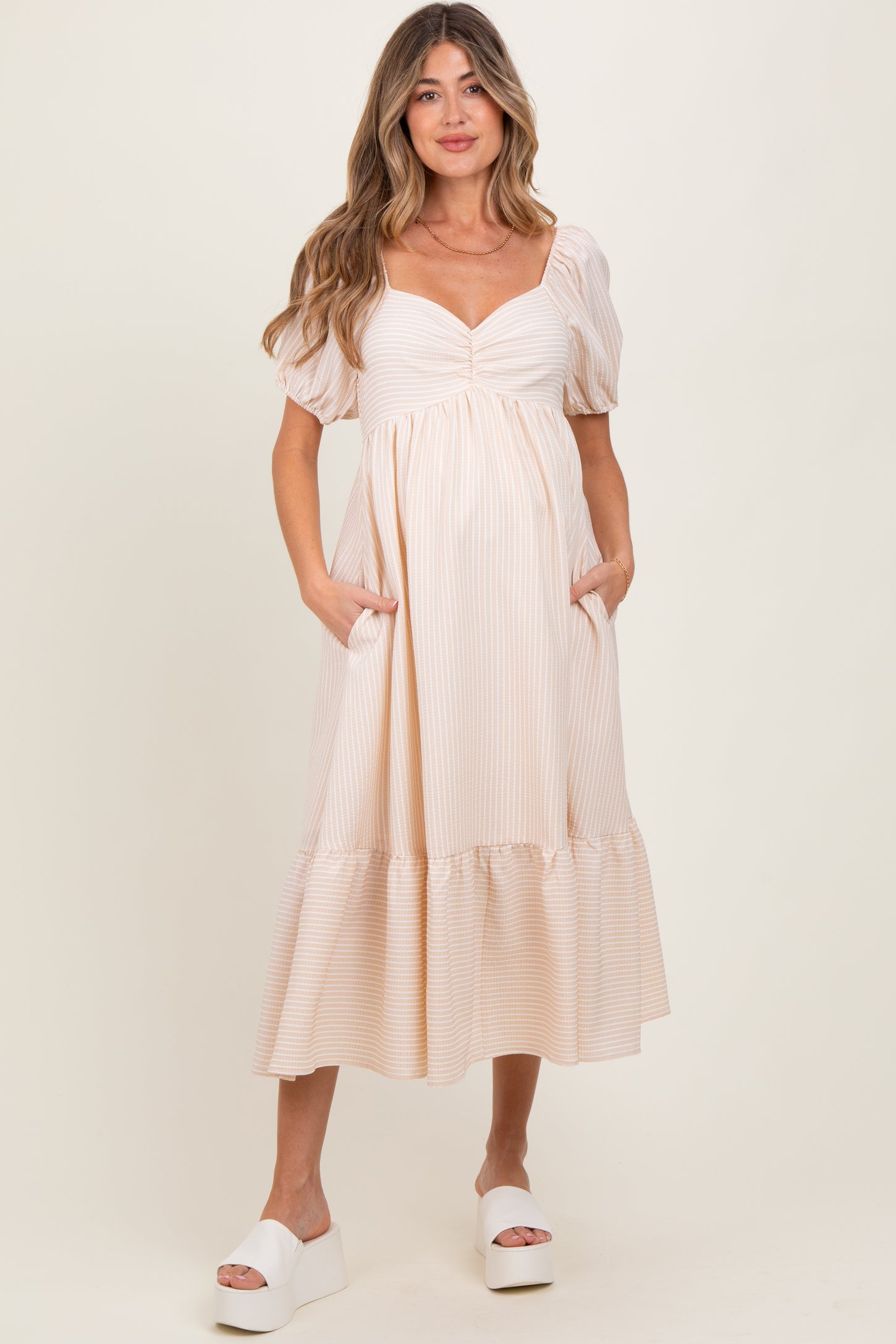 Beige Sweetheart Stripe Smocked Back Maternity Midi Dress