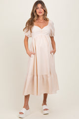 Beige Sweetheart Stripe Smocked Back Maternity Midi Dress