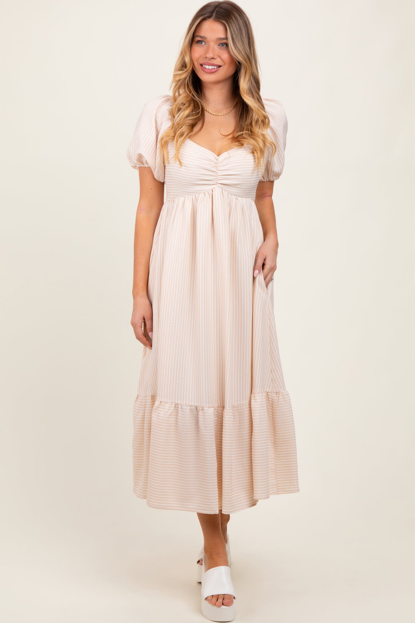 Beige Sweetheart Stripe Smocked Back Maternity Midi Dress