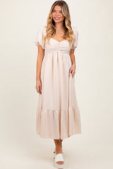 Beige Sweetheart Stripe Smocked Back Maternity Midi Dress