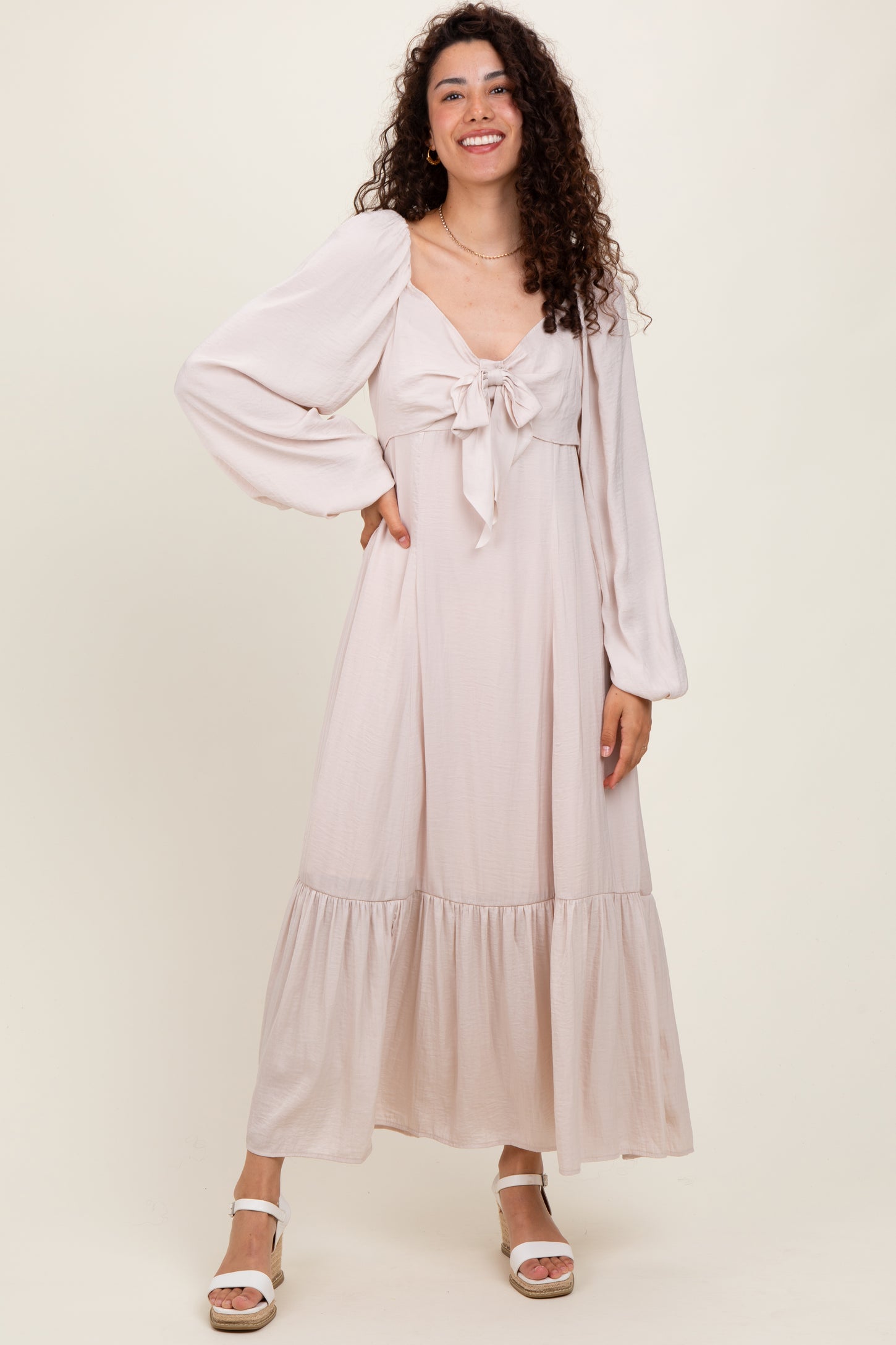 Beige Bow Satin Maternity Maxi Dress