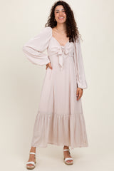 Beige Bow Satin Maternity Maxi Dress