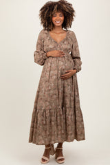 Mocha Raglan Sleeve Floral Button Maternity Maxi Dress