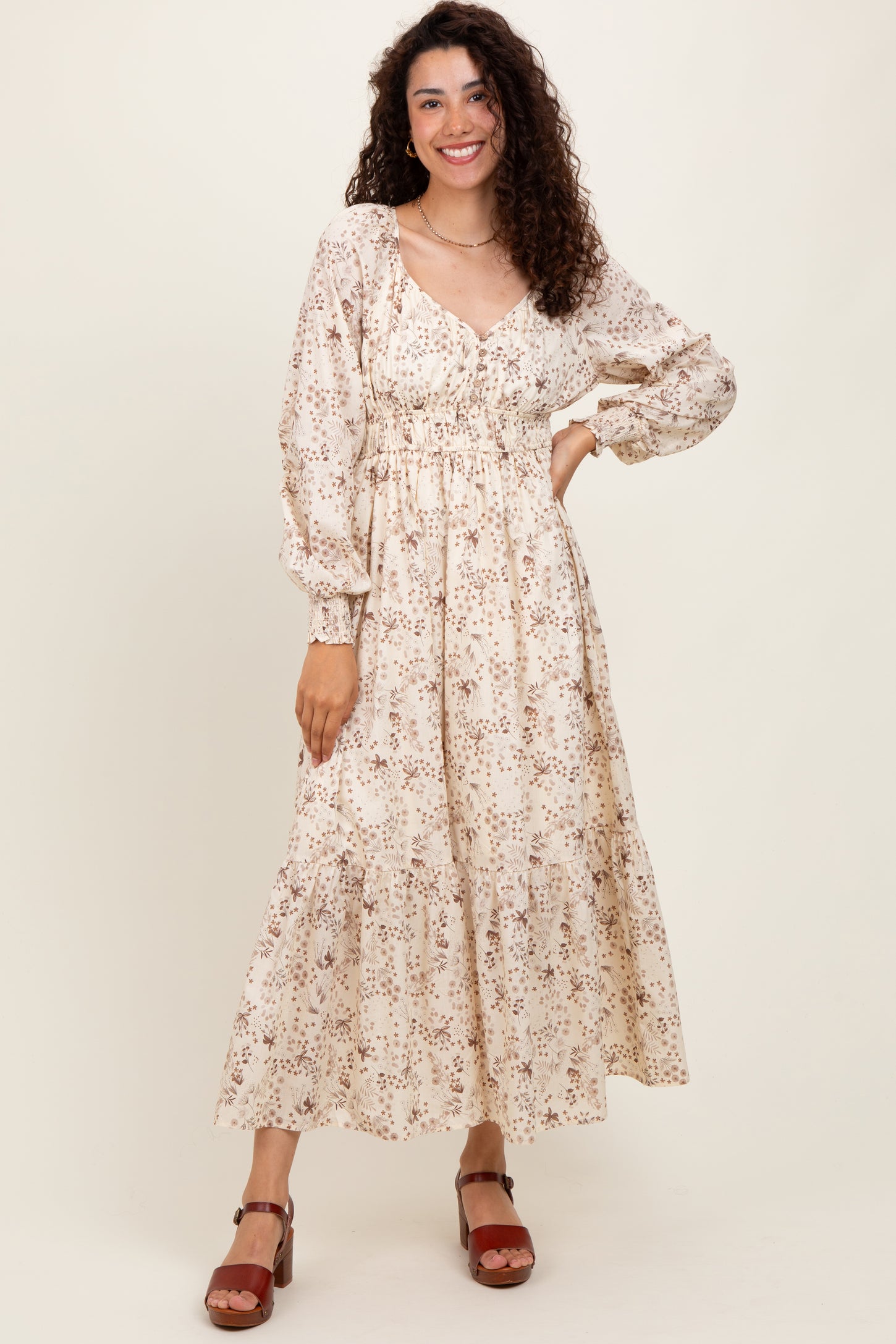 Cream Raglan Sleeve Floral Button Maternity Maxi Dress