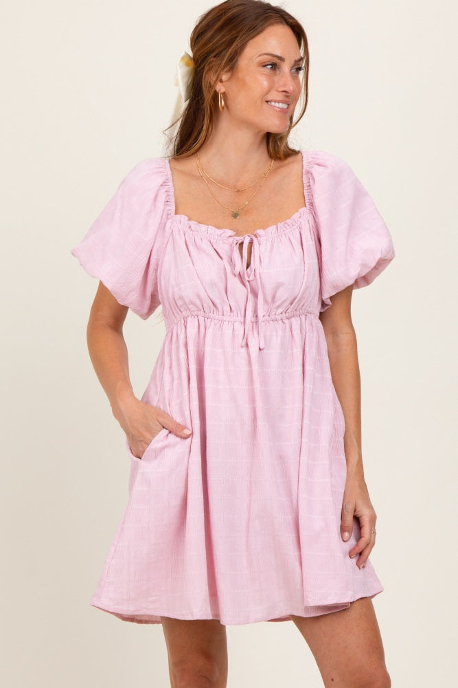 Pink Textured Bubble Sleeve Maternity Mini Dress