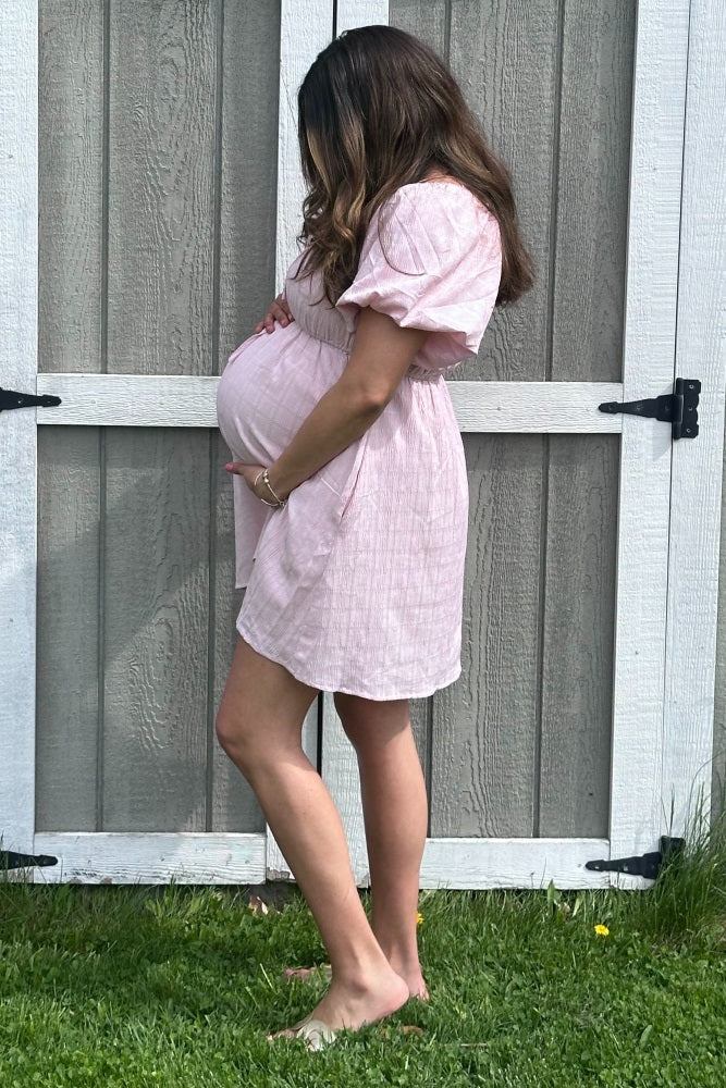 Pink Textured Bubble Sleeve Maternity Mini Dress