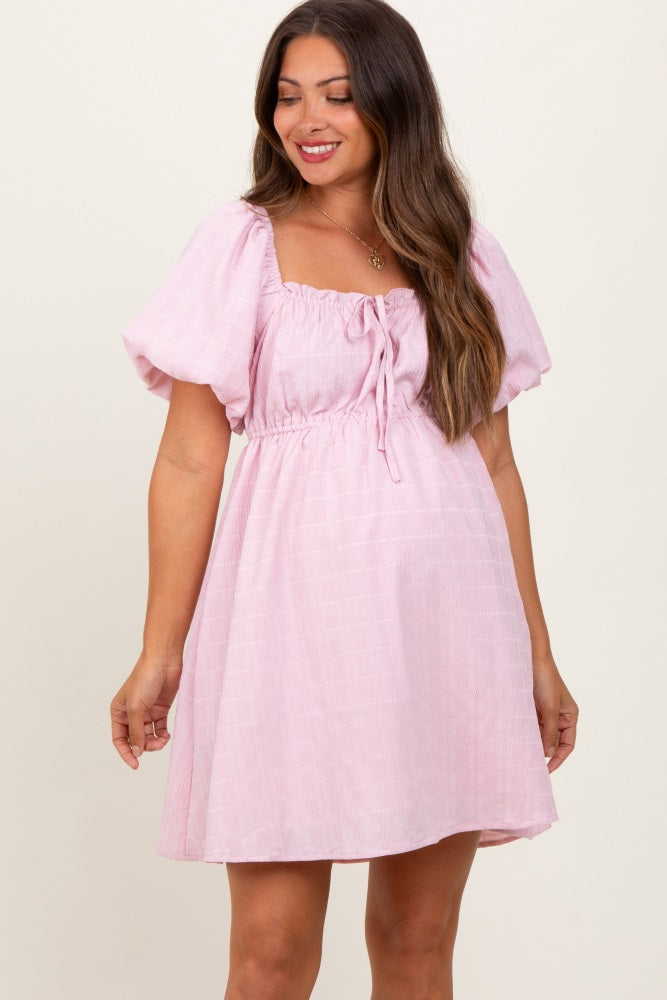 Pink Textured Bubble Sleeve Maternity Mini Dress