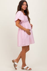 Pink Textured Bubble Sleeve Maternity Mini Dress
