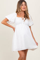 White Textured Bubble Sleeve Maternity Mini Dress